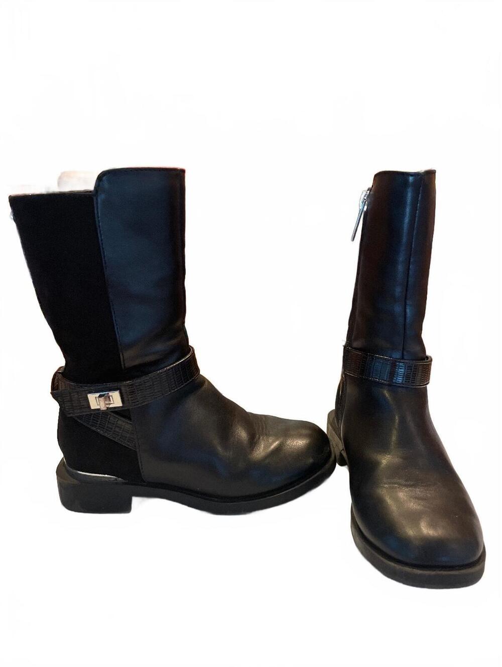 Nina Girls Black Mid Calf Riding Boots Size 11M Side Zip Faux Leather Buckle